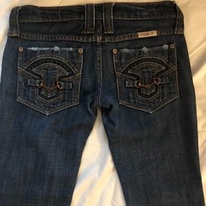 Frankie B low rise bootcut jeans size 0 chain pocket design dark denim